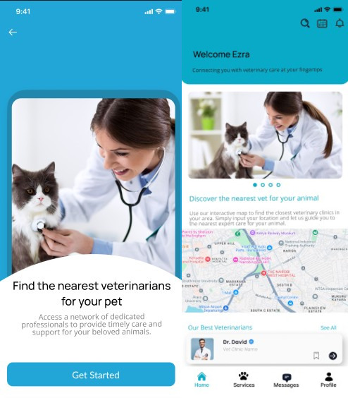 VetConnect app showing veterinarian profile and chat interface