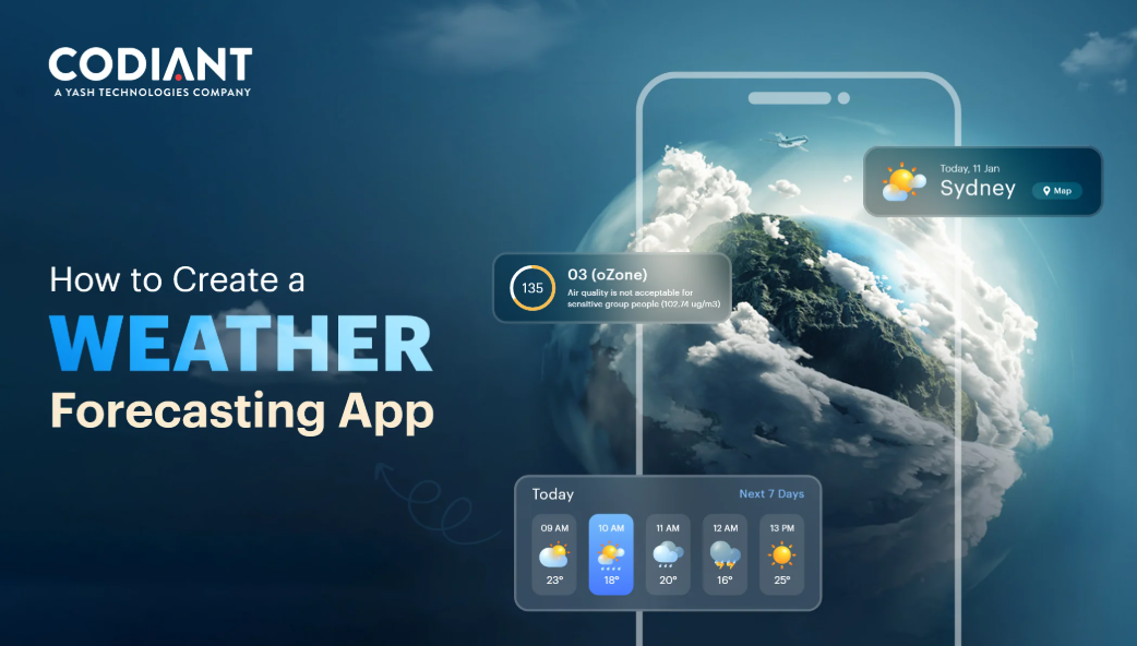 Weather app dashboard showing live forecasts and maps